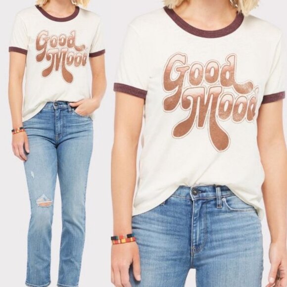 Chaser Retro Good Mood‎ Ringer Tee Size Medium White Brown T-Shirt Bohemian Top - Picture 10 of 10